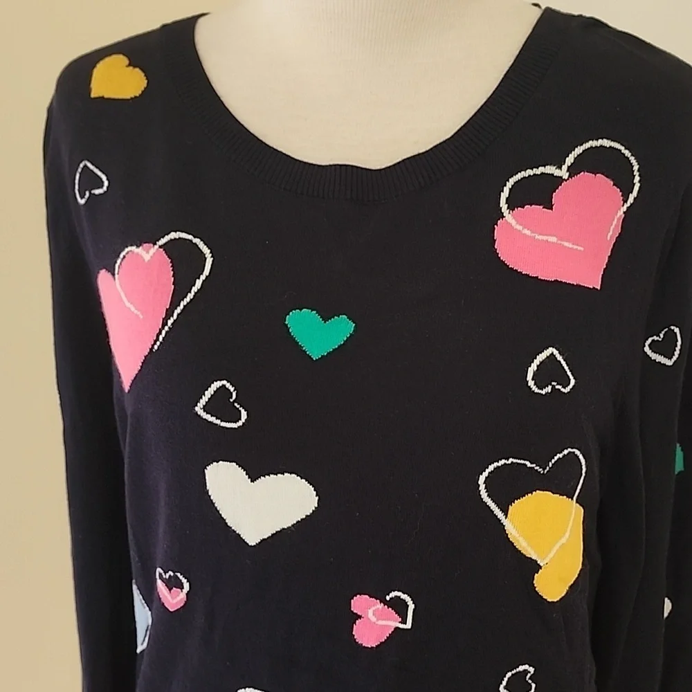 Talbots XL navy Colorful Heart Pattern cotton blend Sweater. - Picture 2 of 8
